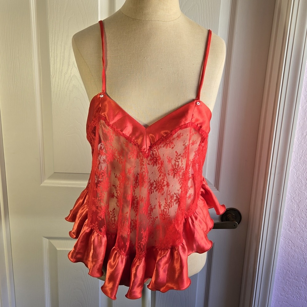 Vintage Delicates Red Lace Satin Ruffle Camisole Size‎ M  Lingerie Babydoll Top